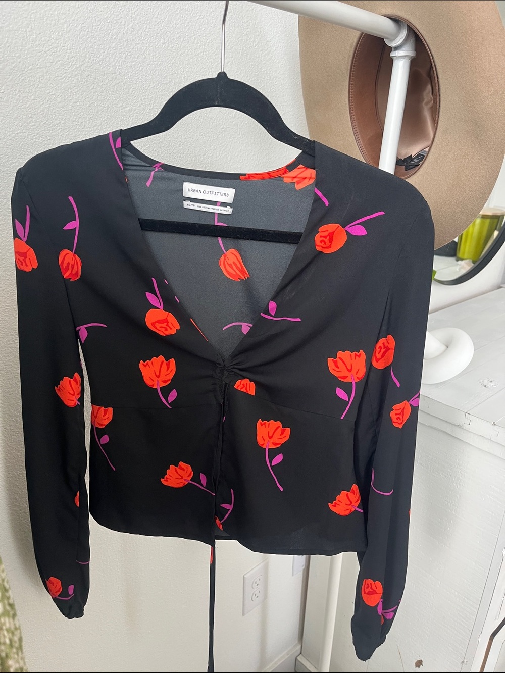 Urban Outfitters Black Long-Sleeve Tie-Front Top with Red & Pink Floral Print